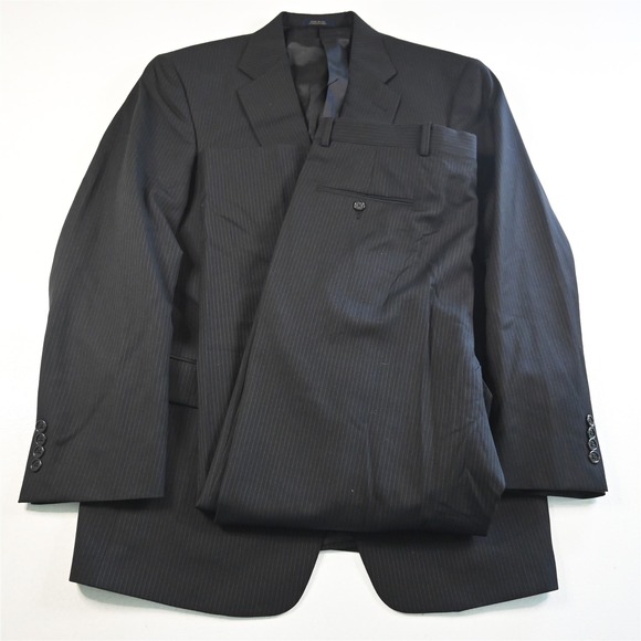 Hart Schaffner Marx 41R 36x30 Black Striped 100% Wool USA Made Mens Suit